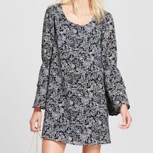⭐️ A New Day Black And White Floral Long Bell Sleeve Mini Dress Size XXL